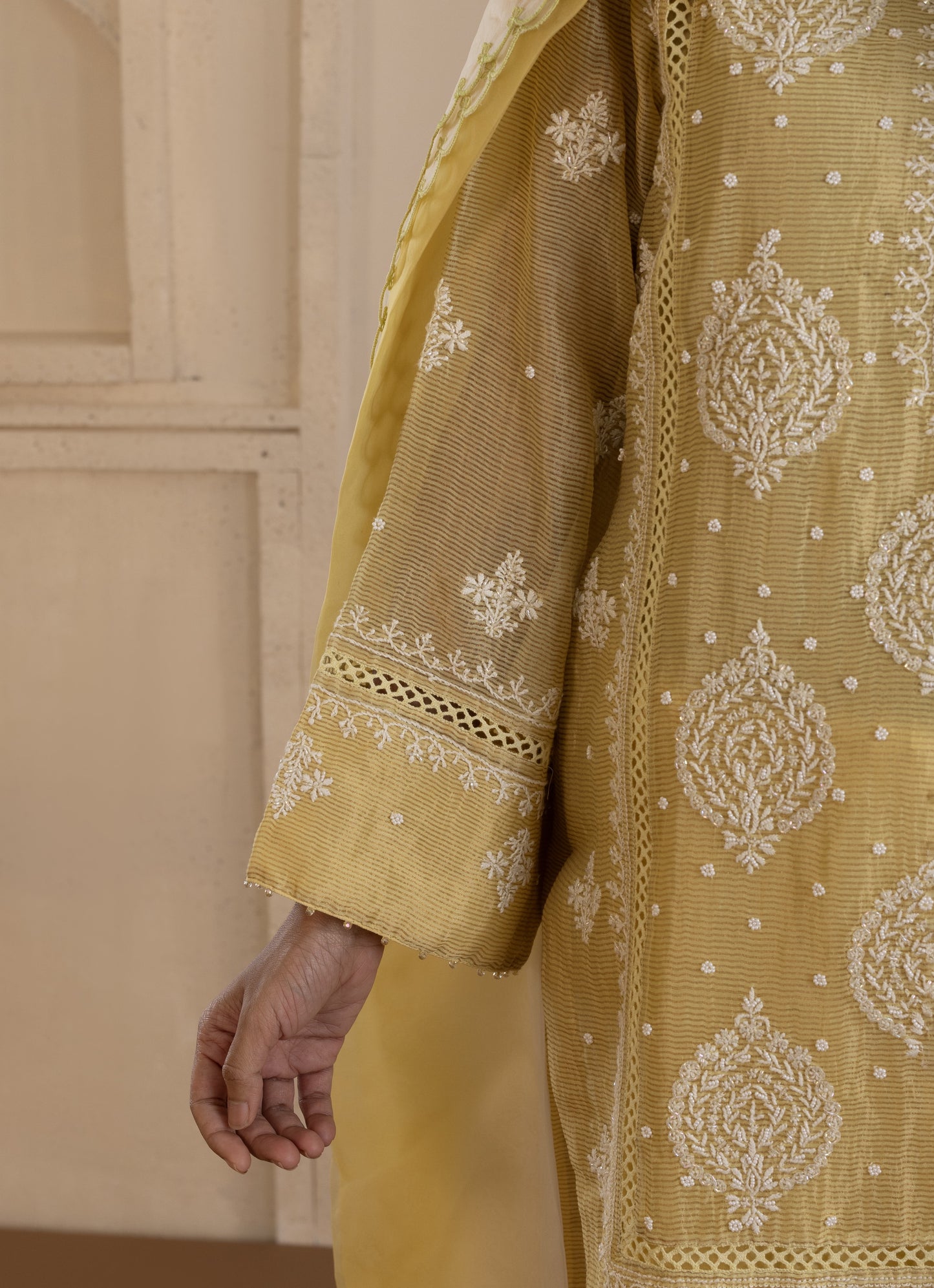 Lime Chanderi Suit Set with Shaded Organza Dupatta