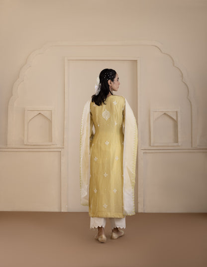 Lime Chanderi Suit Set with Shaded Organza Dupatta
