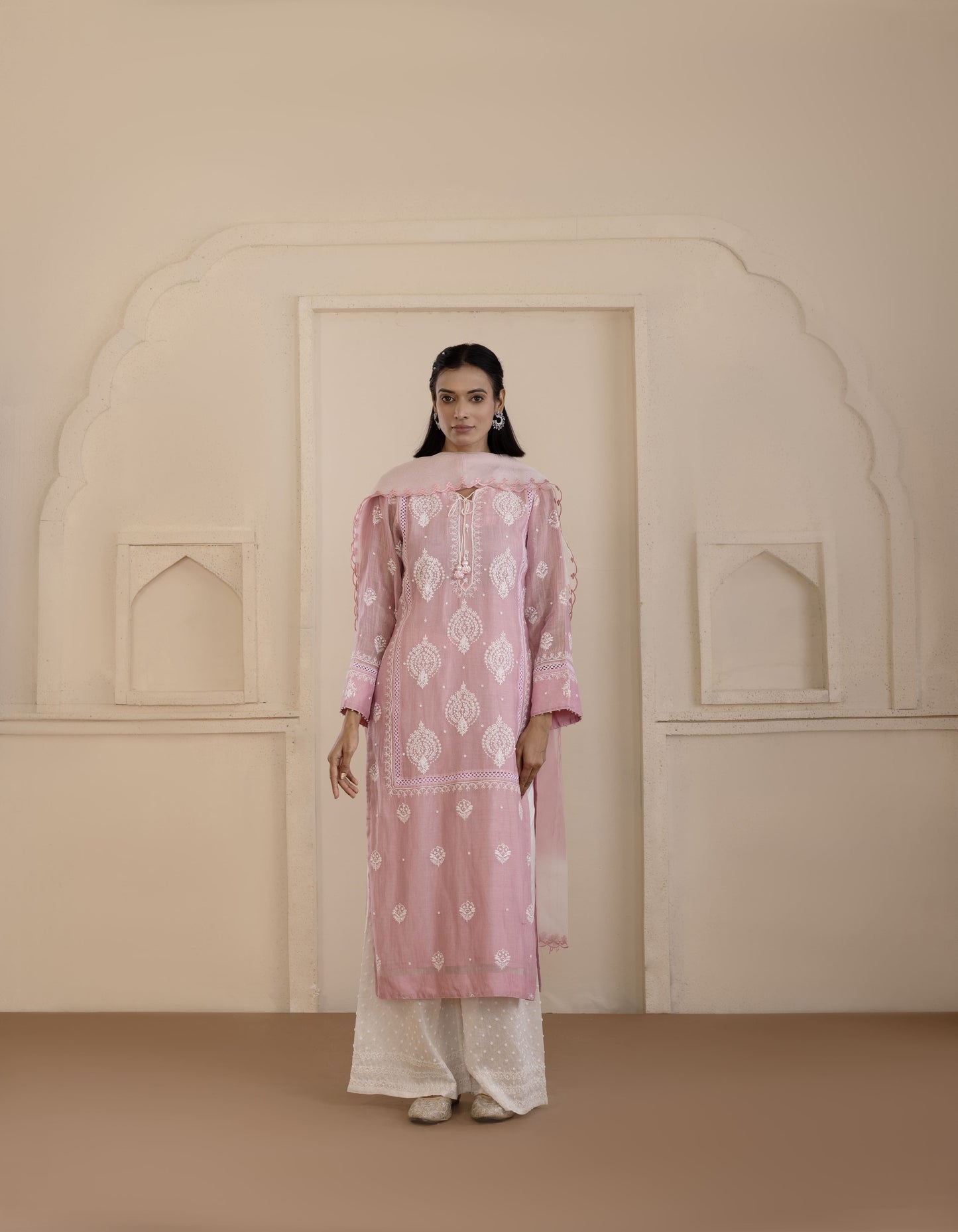 Blush Pink Chanderi Suit Set with Shaded Organza Dupatta