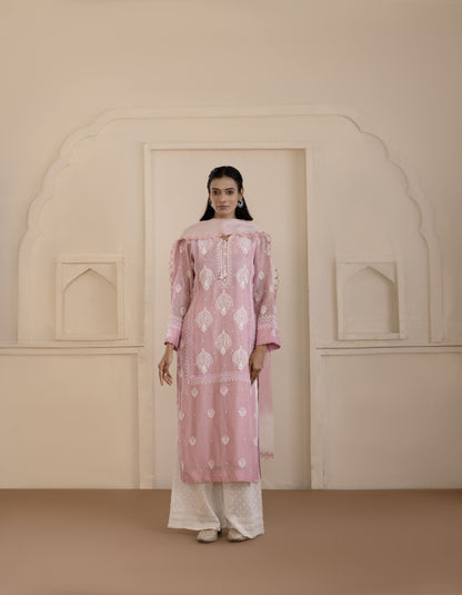 Blush Pink Chanderi Suit Set with Shaded Organza Dupatta