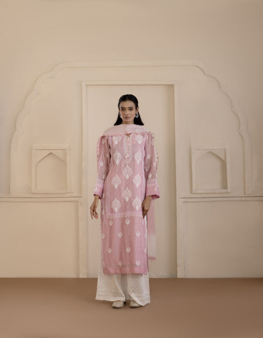 Blush Pink Chanderi Suit Set with Shaded Organza Dupatta