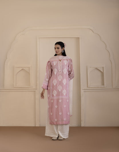 Blush Pink Chanderi Suit Set with Shaded Organza Dupatta