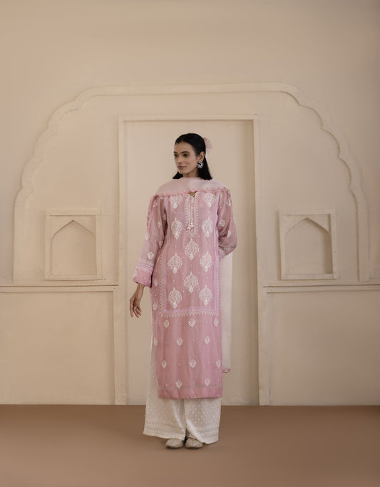 Blush Pink Chanderi Suit Set with Shaded Organza Dupatta
