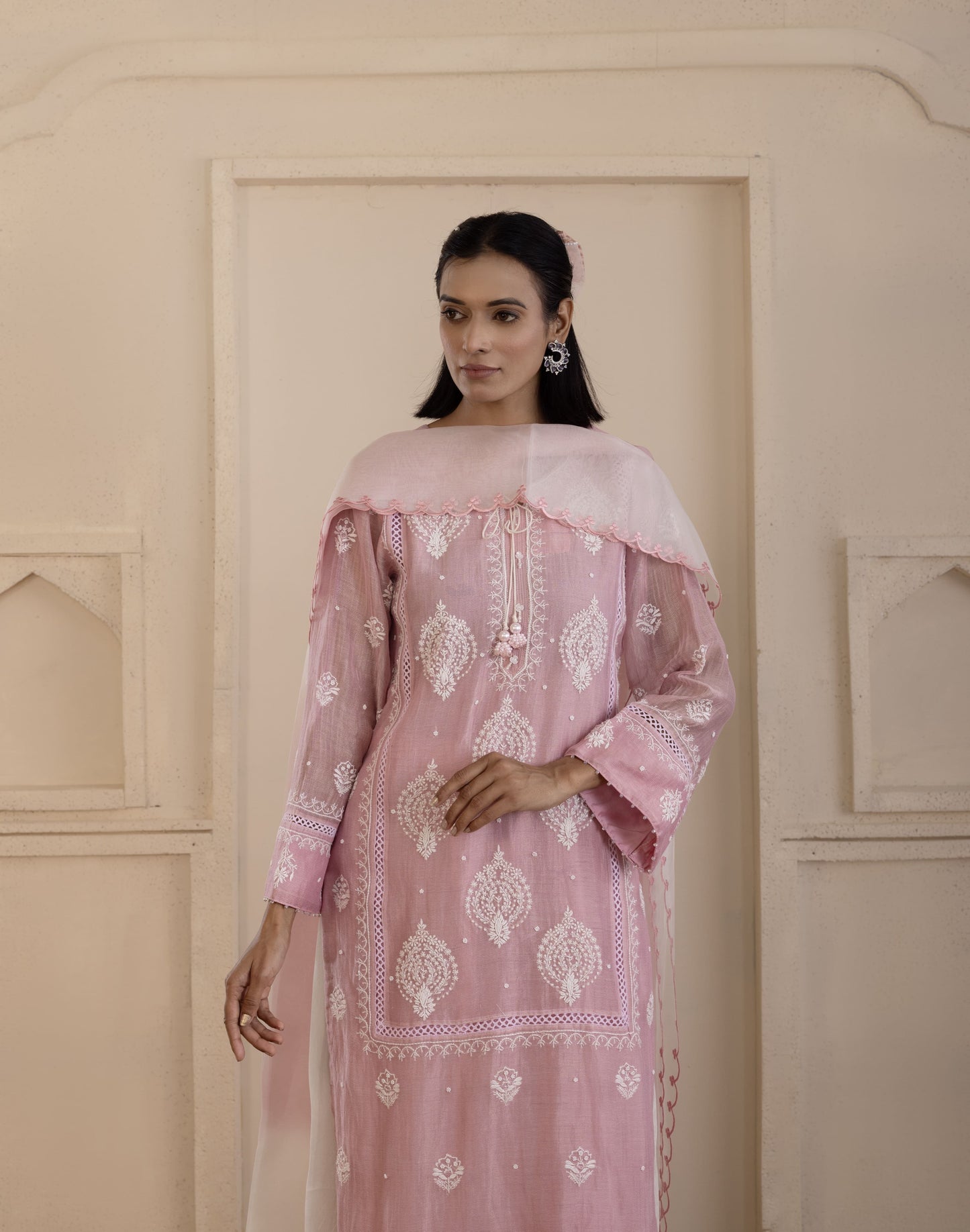 Blush Pink Chanderi Suit Set with Shaded Organza Dupatta