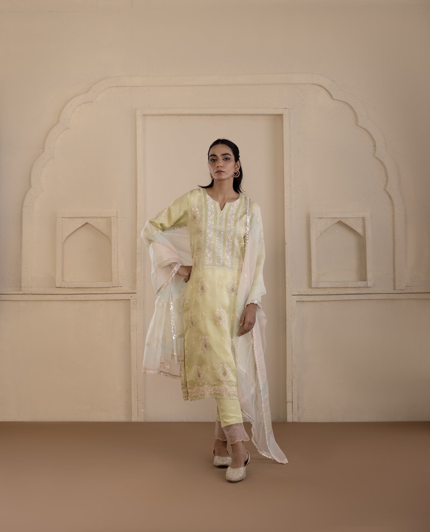 Pistachio Green Embroidered Organza Suit Set