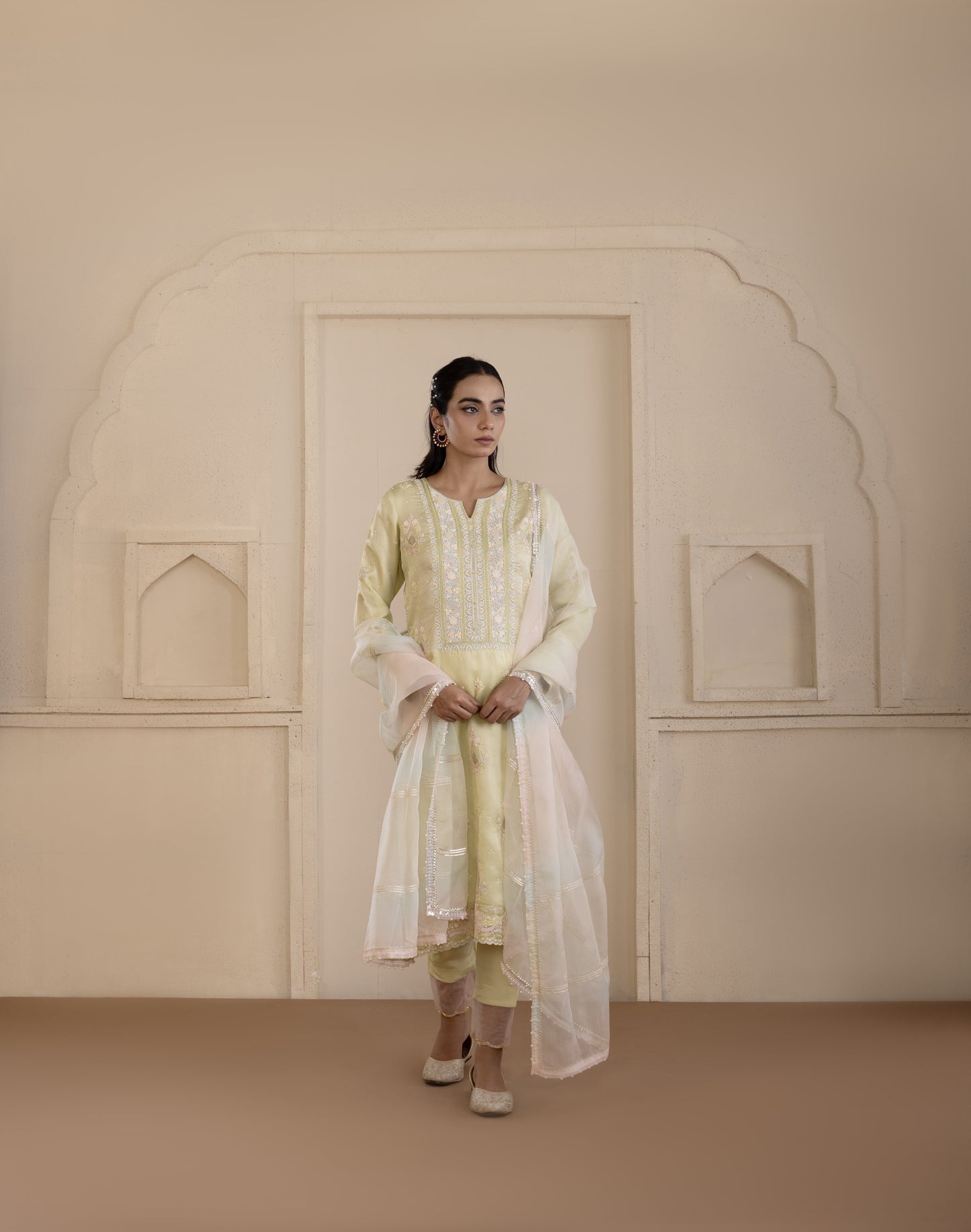 Pistachio Green Embroidered Organza Suit Set