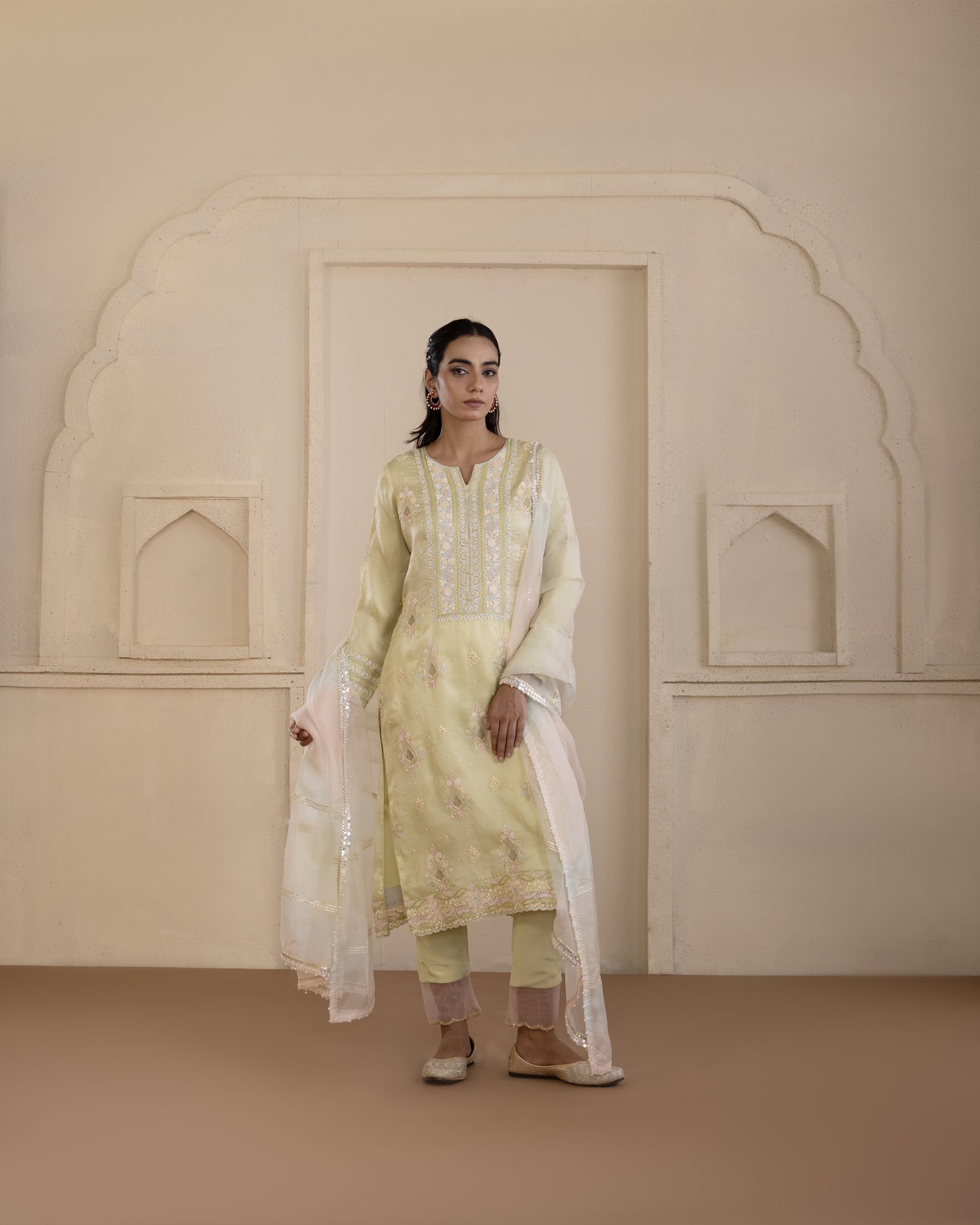 Pistachio Green Embroidered Organza Suit Set