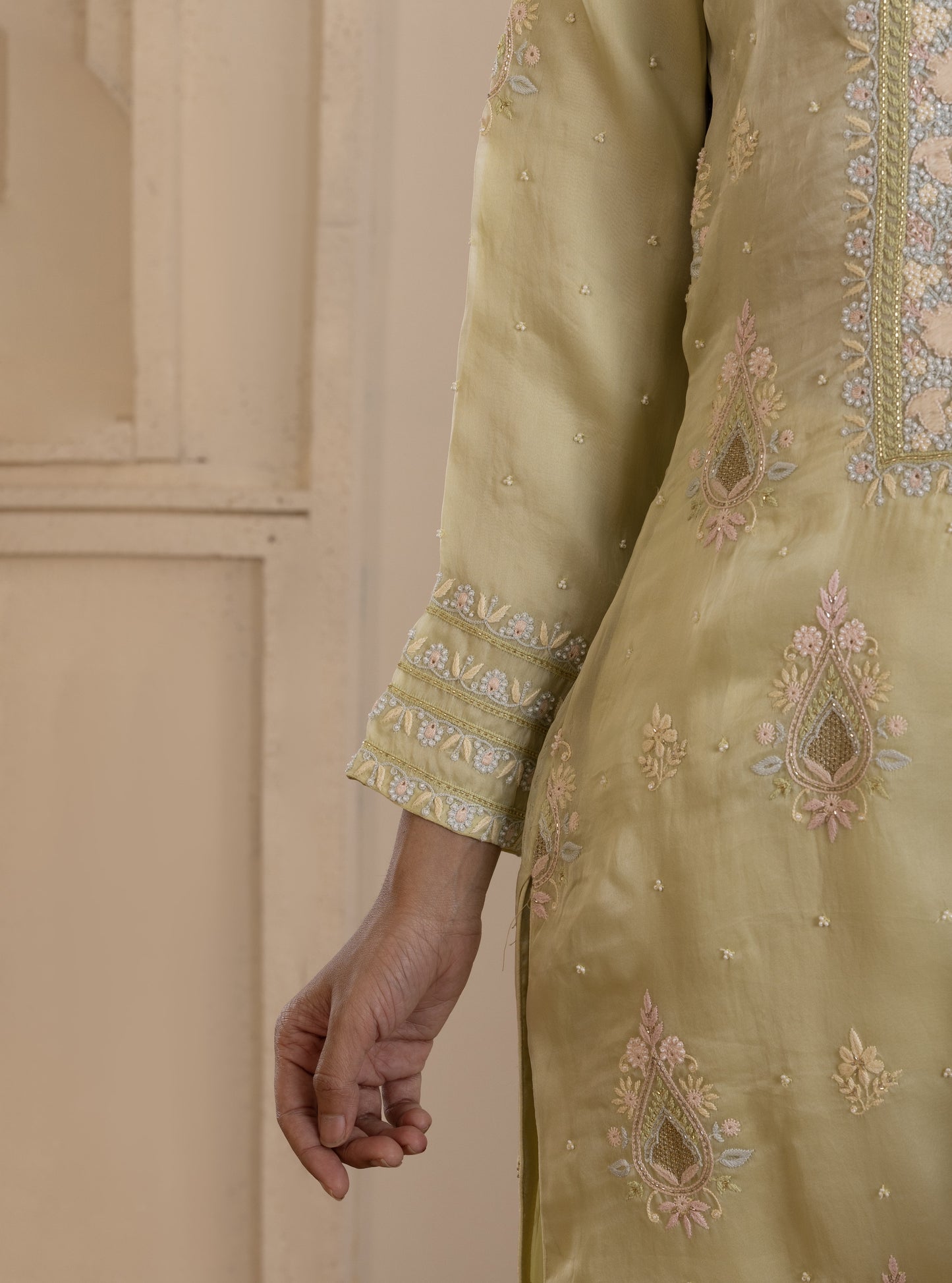 Pistachio Green Embroidered Organza Suit Set
