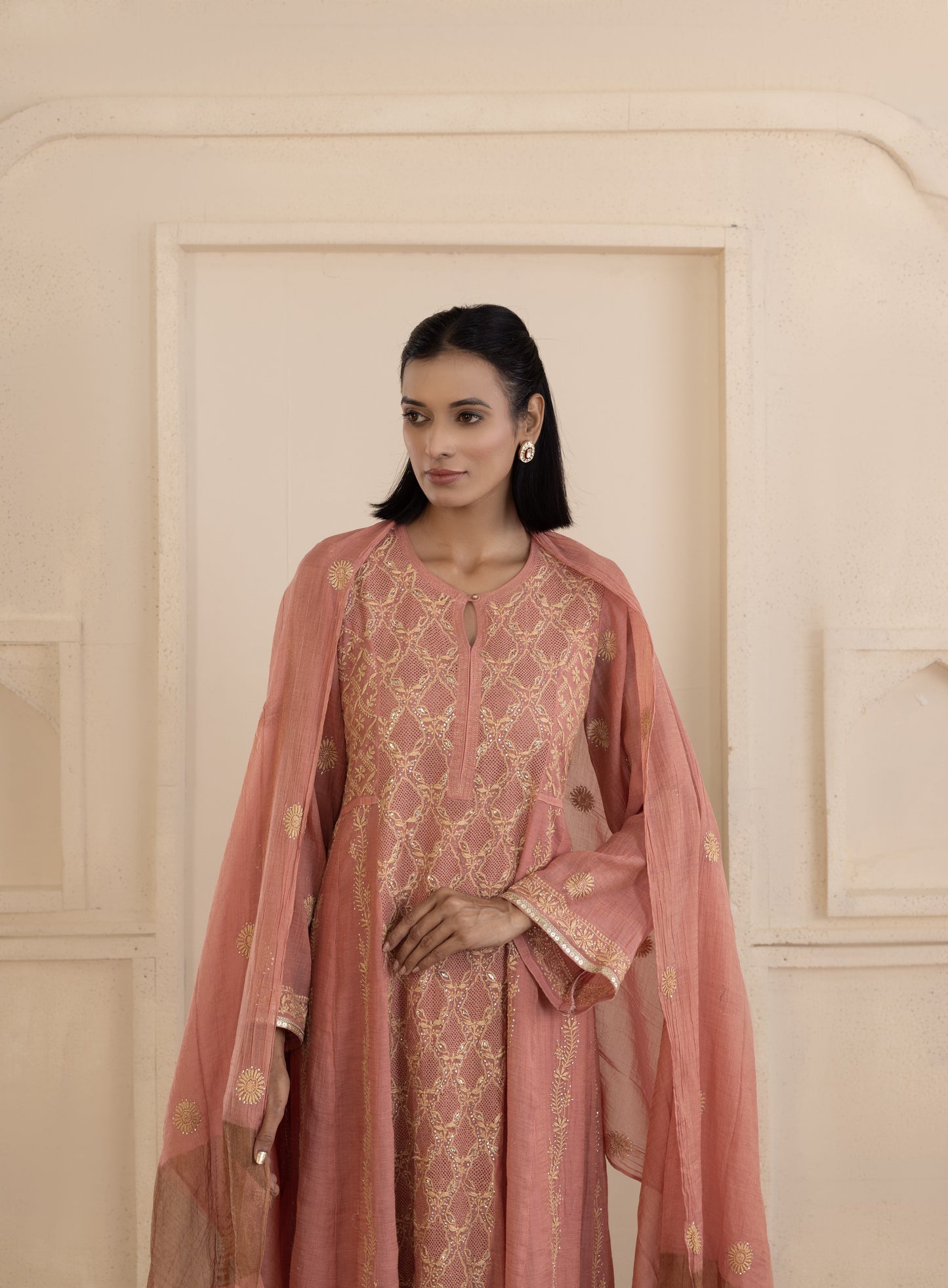 Rust Jaali Tissue Suit Set