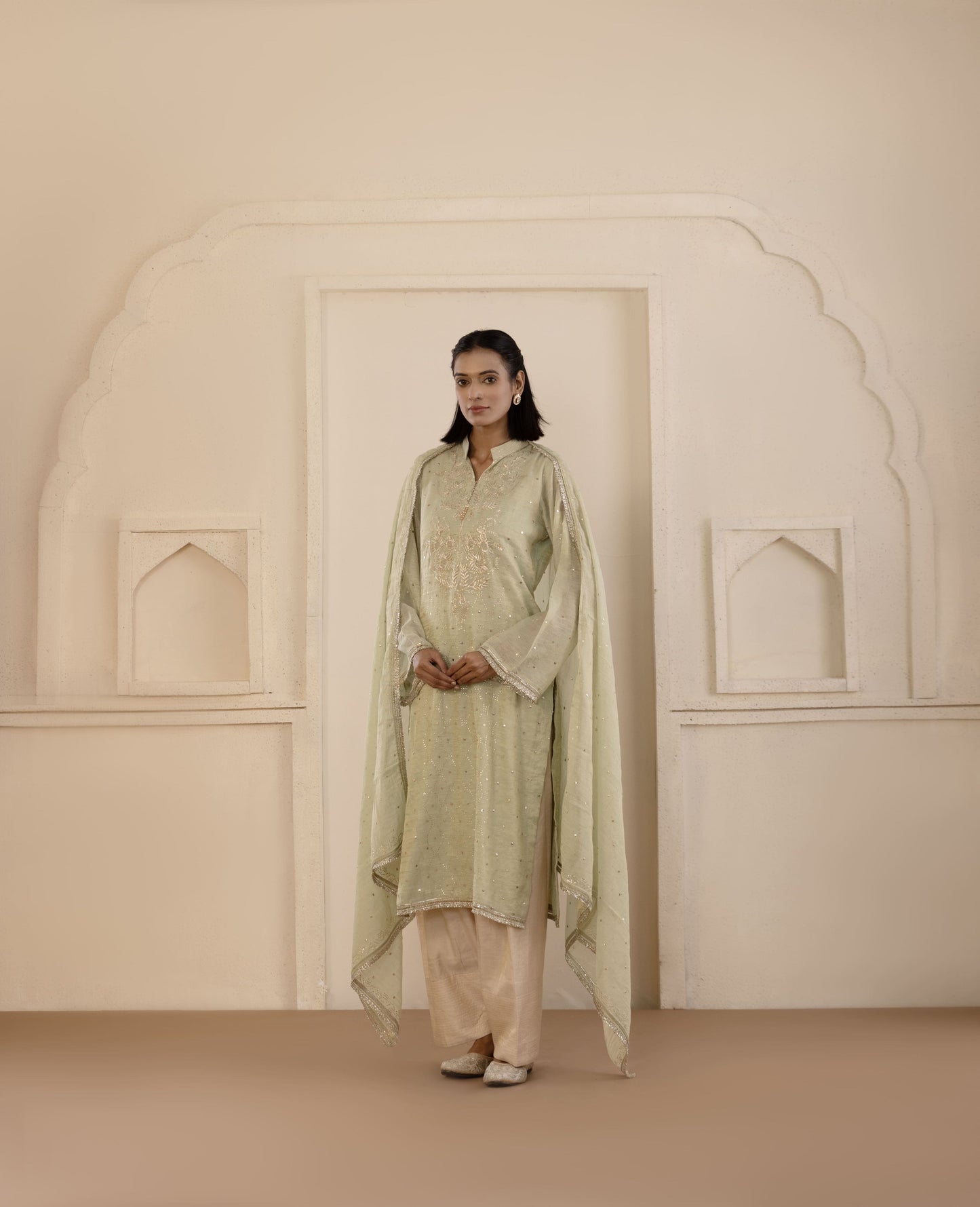 Sage Green Pitta & Mukaish Tissue Suit Set