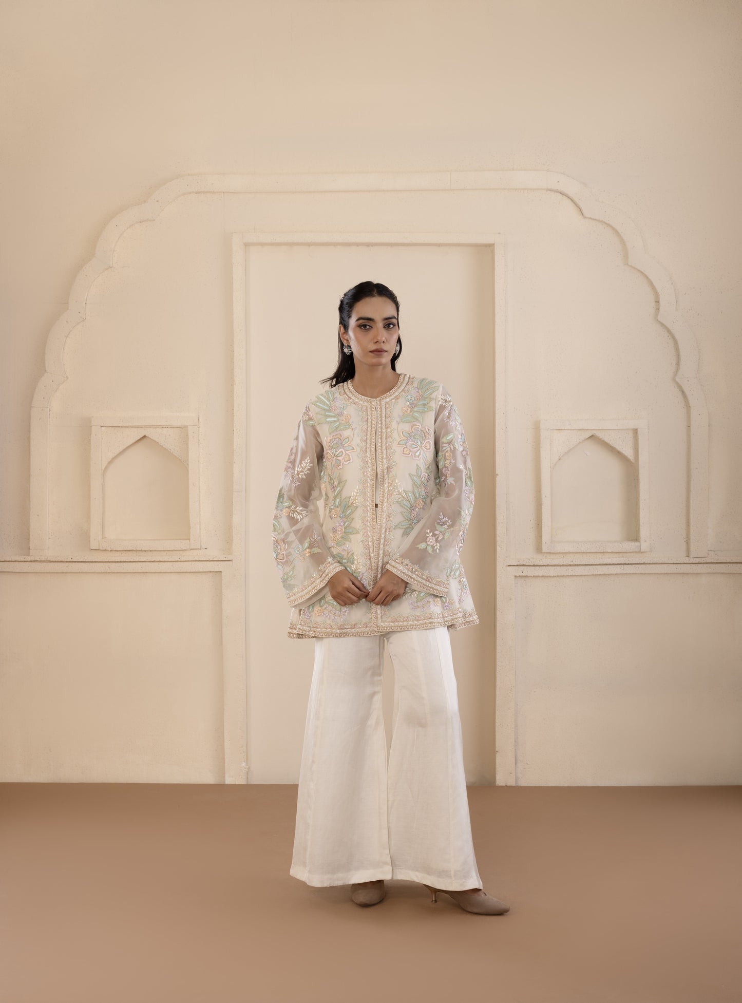 Multicolour Embroidered Organza Gilet Set