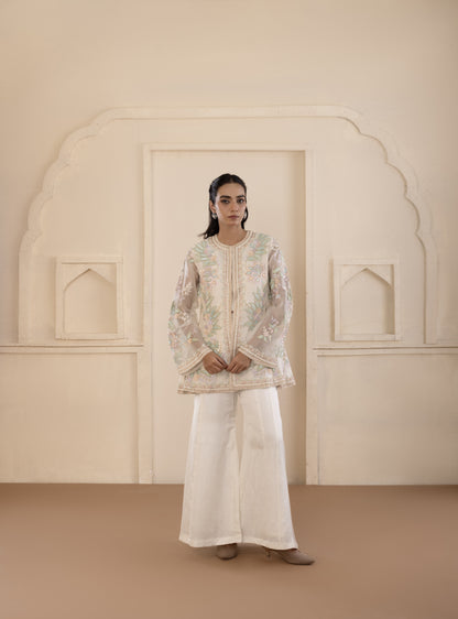 Multicolour Embroidered Organza Gilet Set