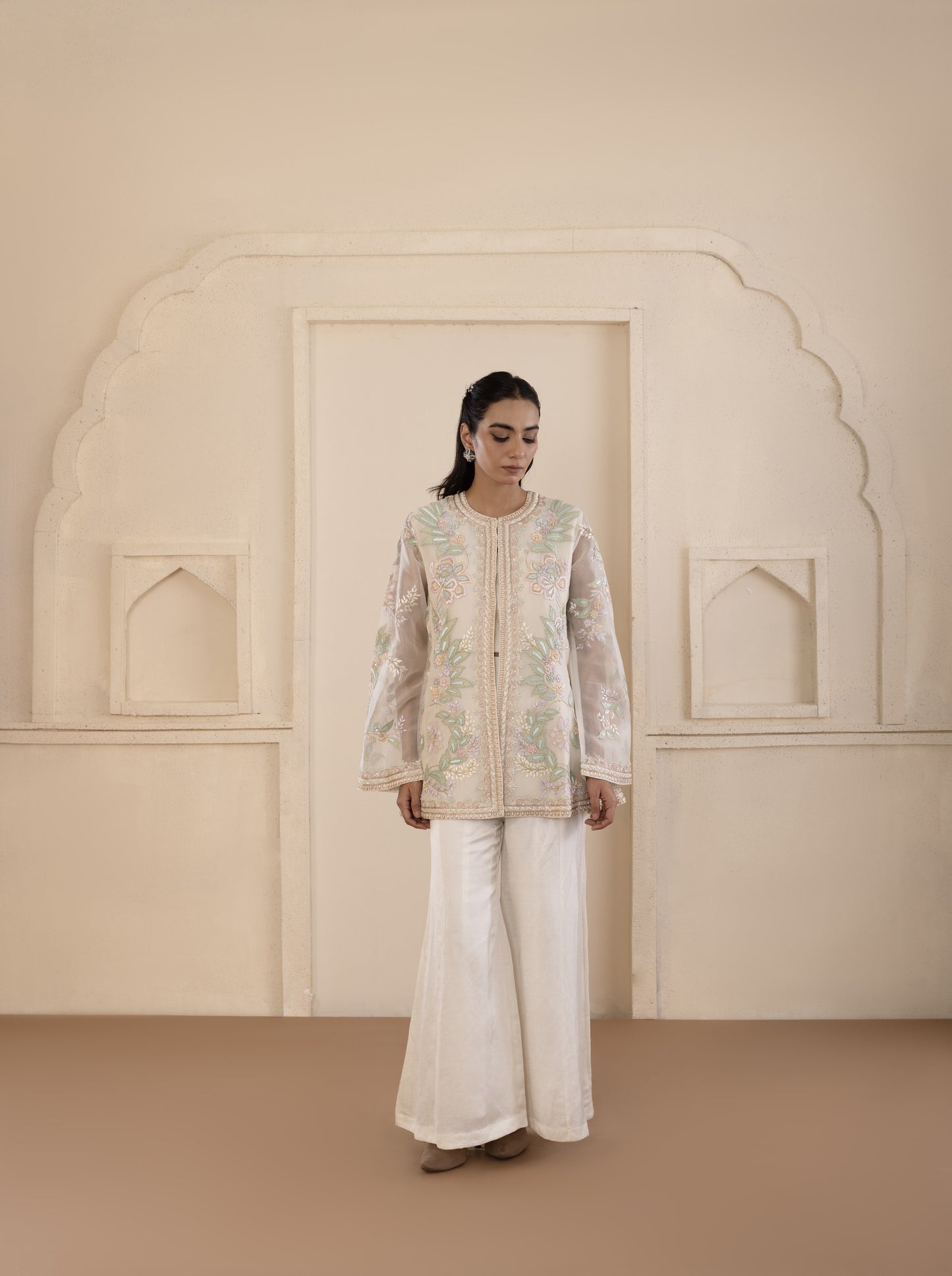 Multicolour Embroidered Organza Gilet Set