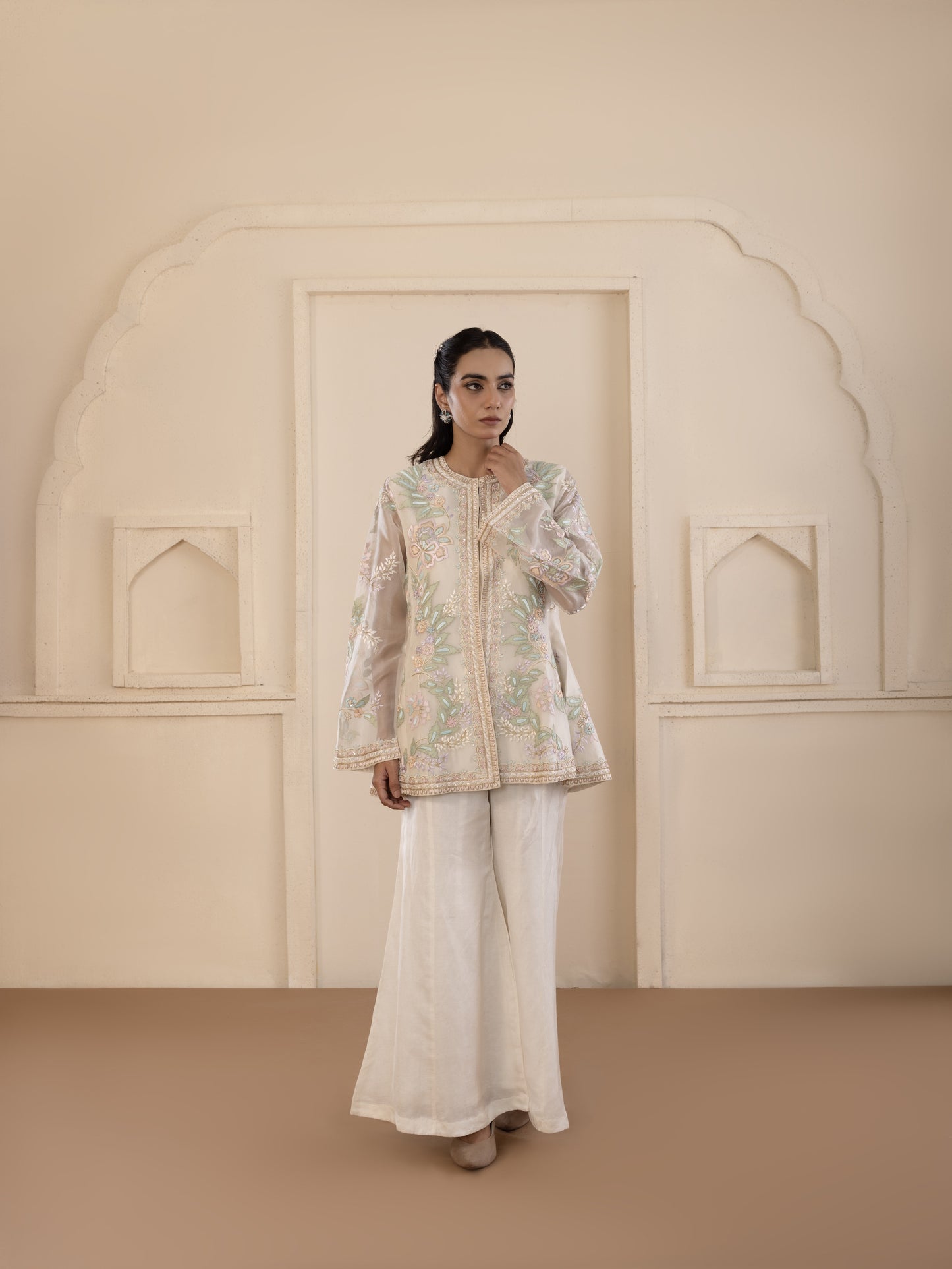 Multicolour Embroidered Organza Gilet Set
