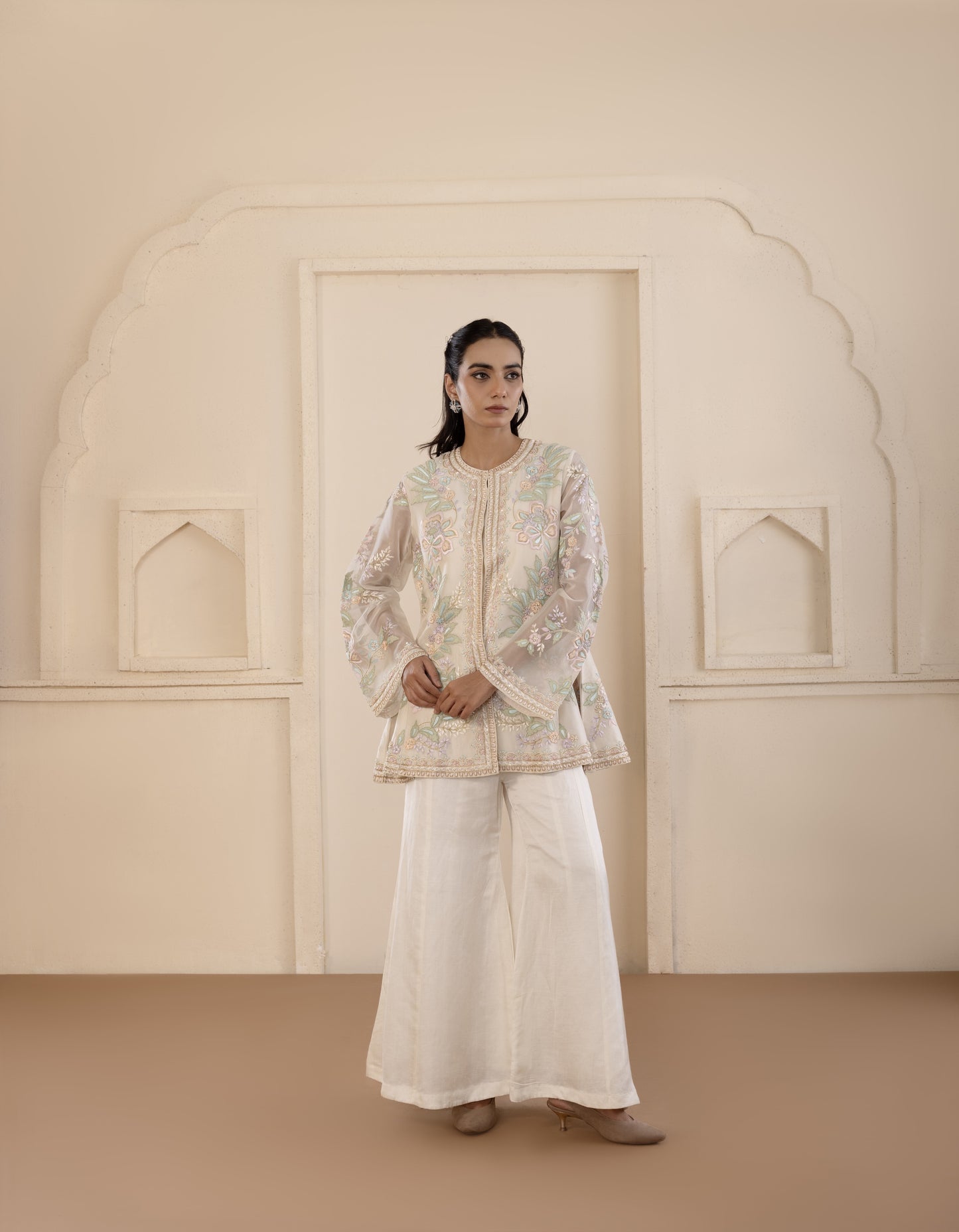 Multicolour Embroidered Organza Gilet Set