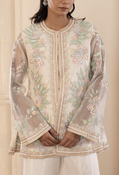 Multicolour Embroidered Organza Gilet Set