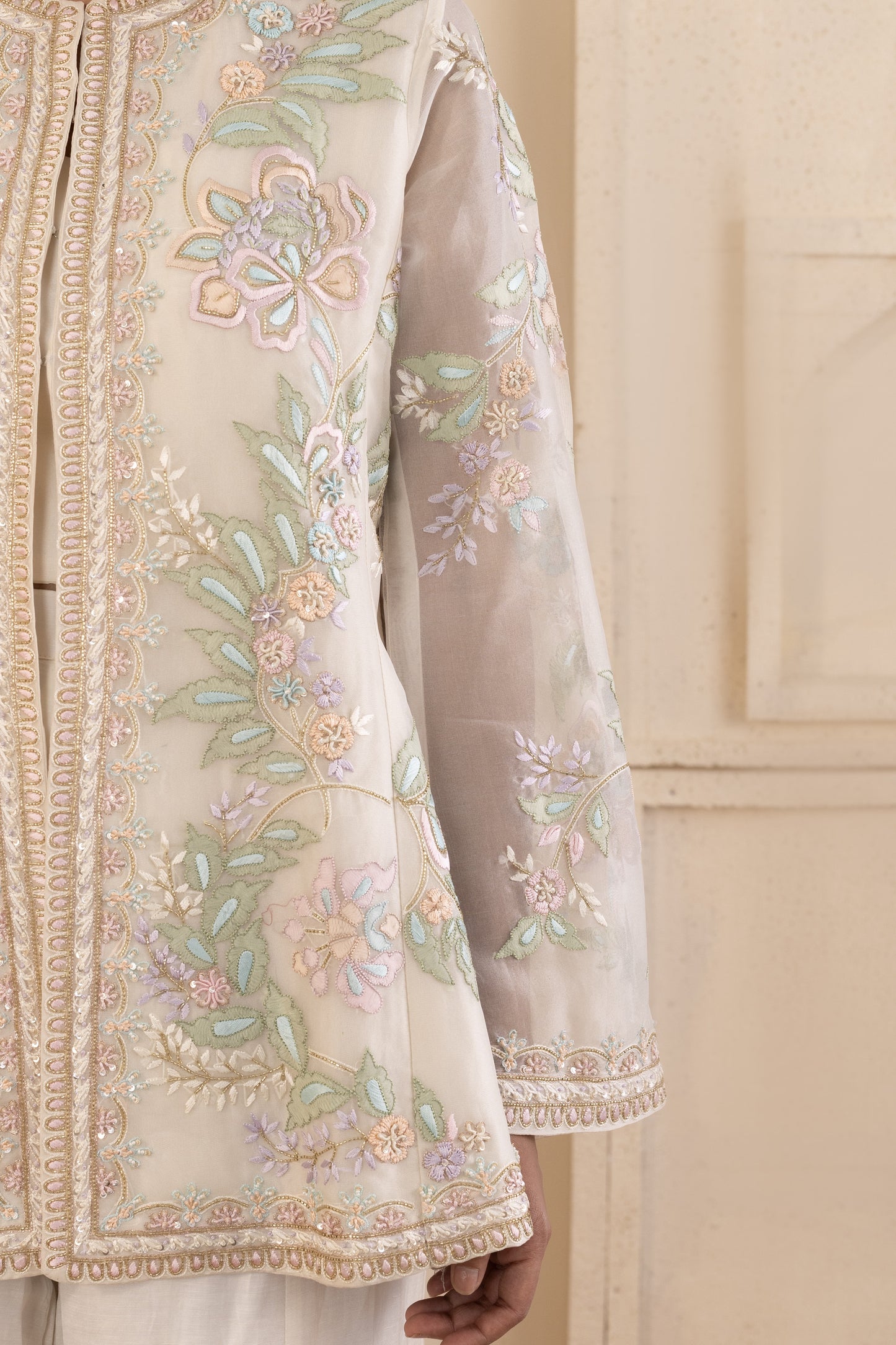 Multicolour Embroidered Organza Gilet Set