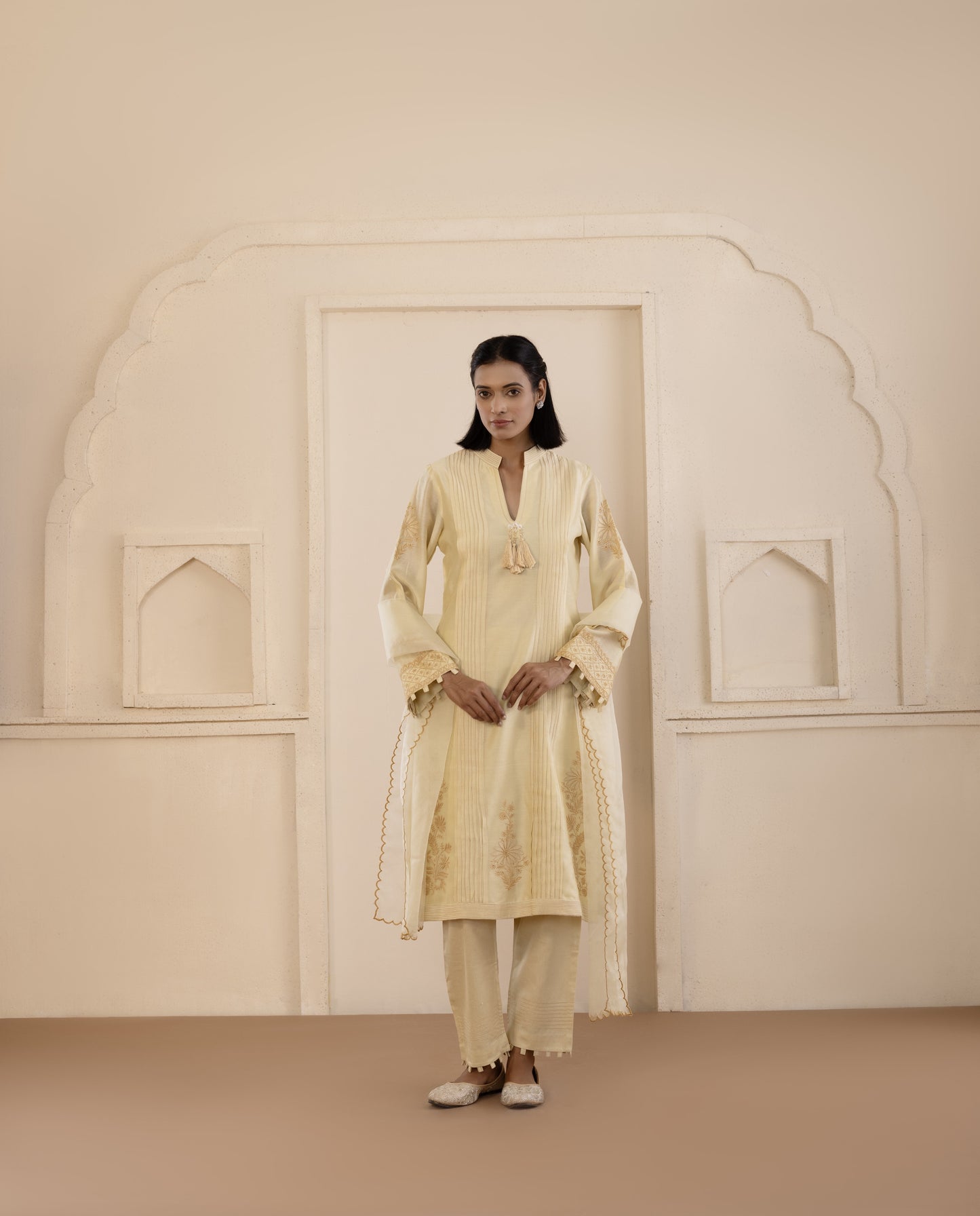Light Mustard Chikankari Chanderi Suit Set