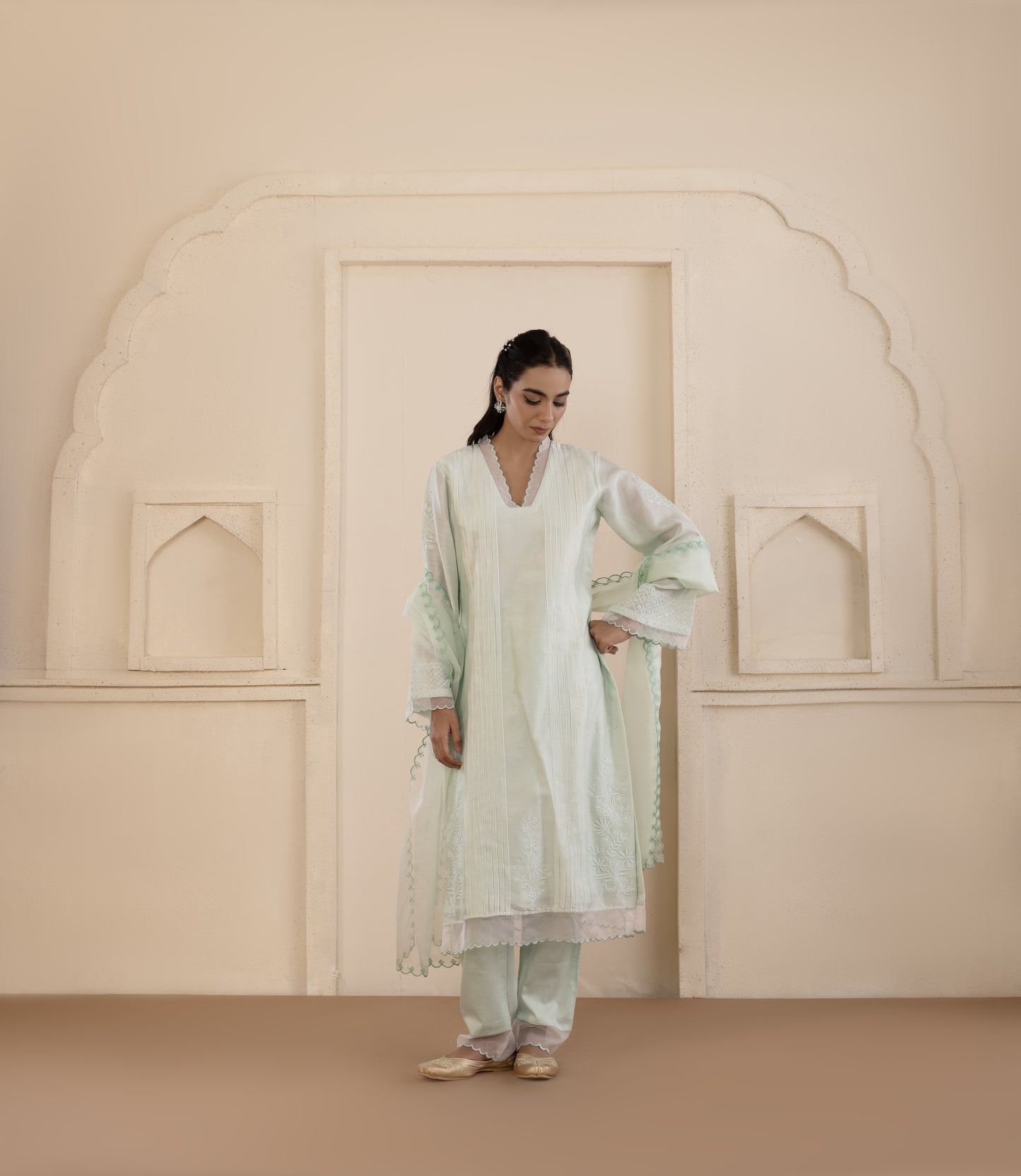 Mint Chikankari Chanderi Suit Set