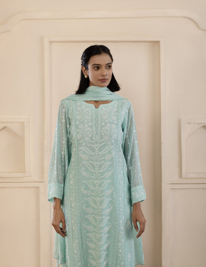 Teal Chikankari Mul Suit Set