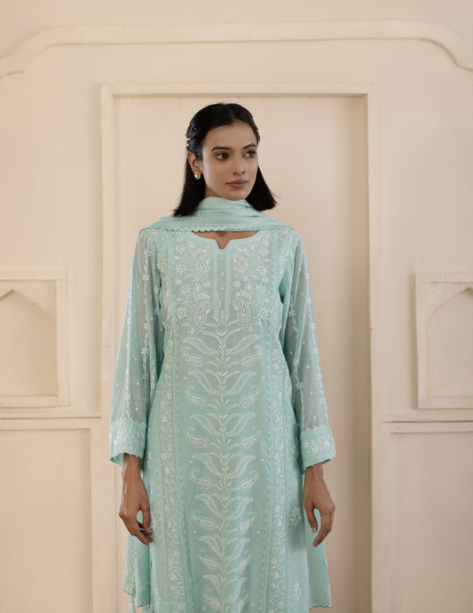 Teal Chikankari Mul Suit Set