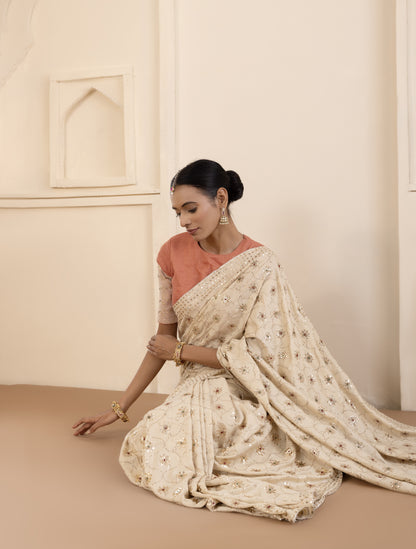 Emerald Highlighted Mukaish Muga Silk Saree