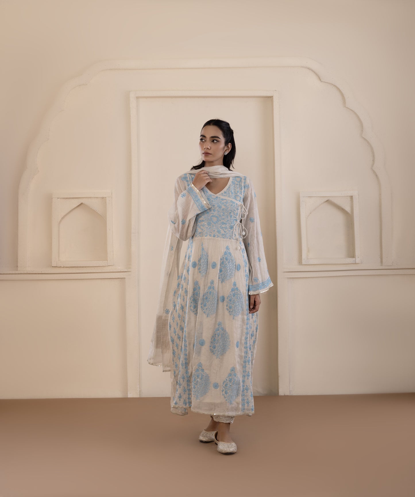 Silver Tissue Mukaish Angarkha Set