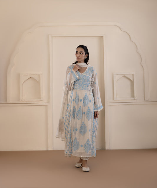 Silver Tissue Mukaish Angarkha Set
