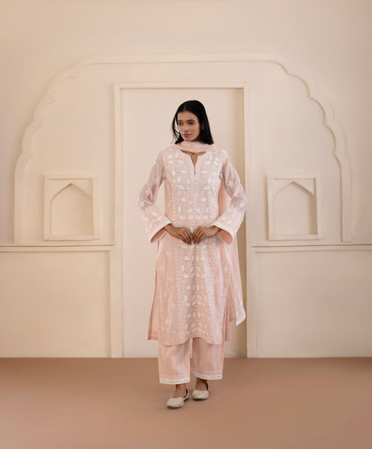 Baby Pink Lotus Mul Chanderi Suit Set