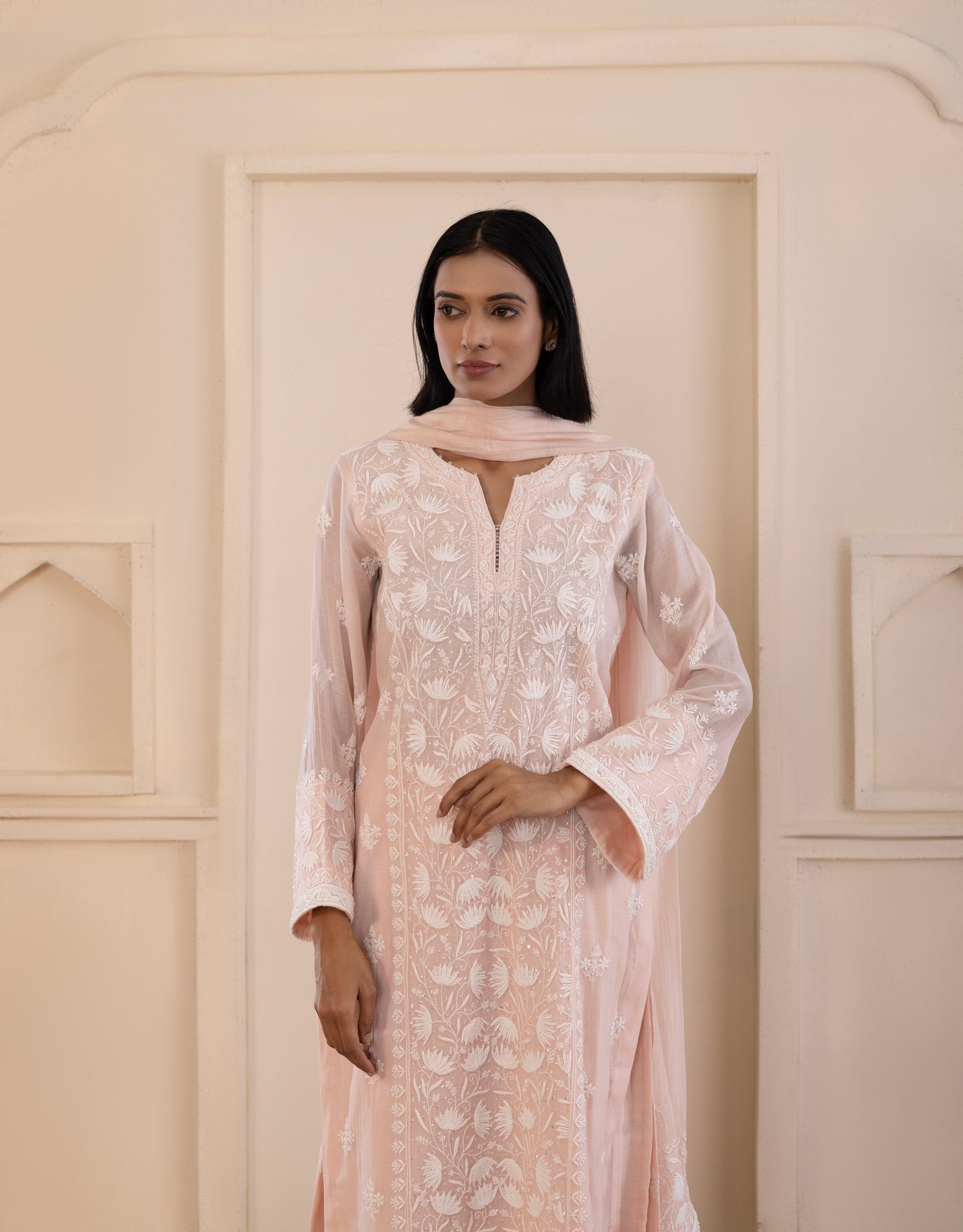 Baby Pink Lotus Mul Chanderi Suit Set