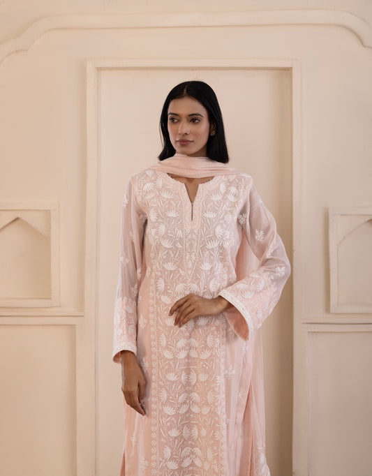 Baby Pink Lotus Mul Chanderi Suit Set