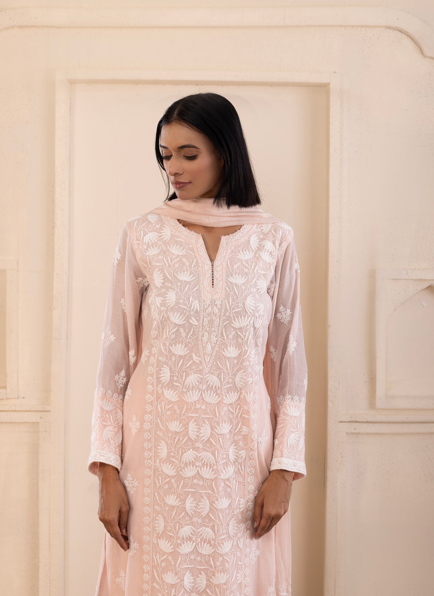 Baby Pink Lotus Mul Chanderi Suit Set