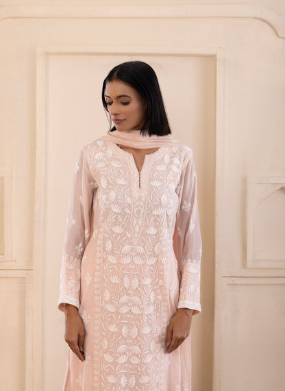 Baby Pink Lotus Mul Chanderi Suit Set