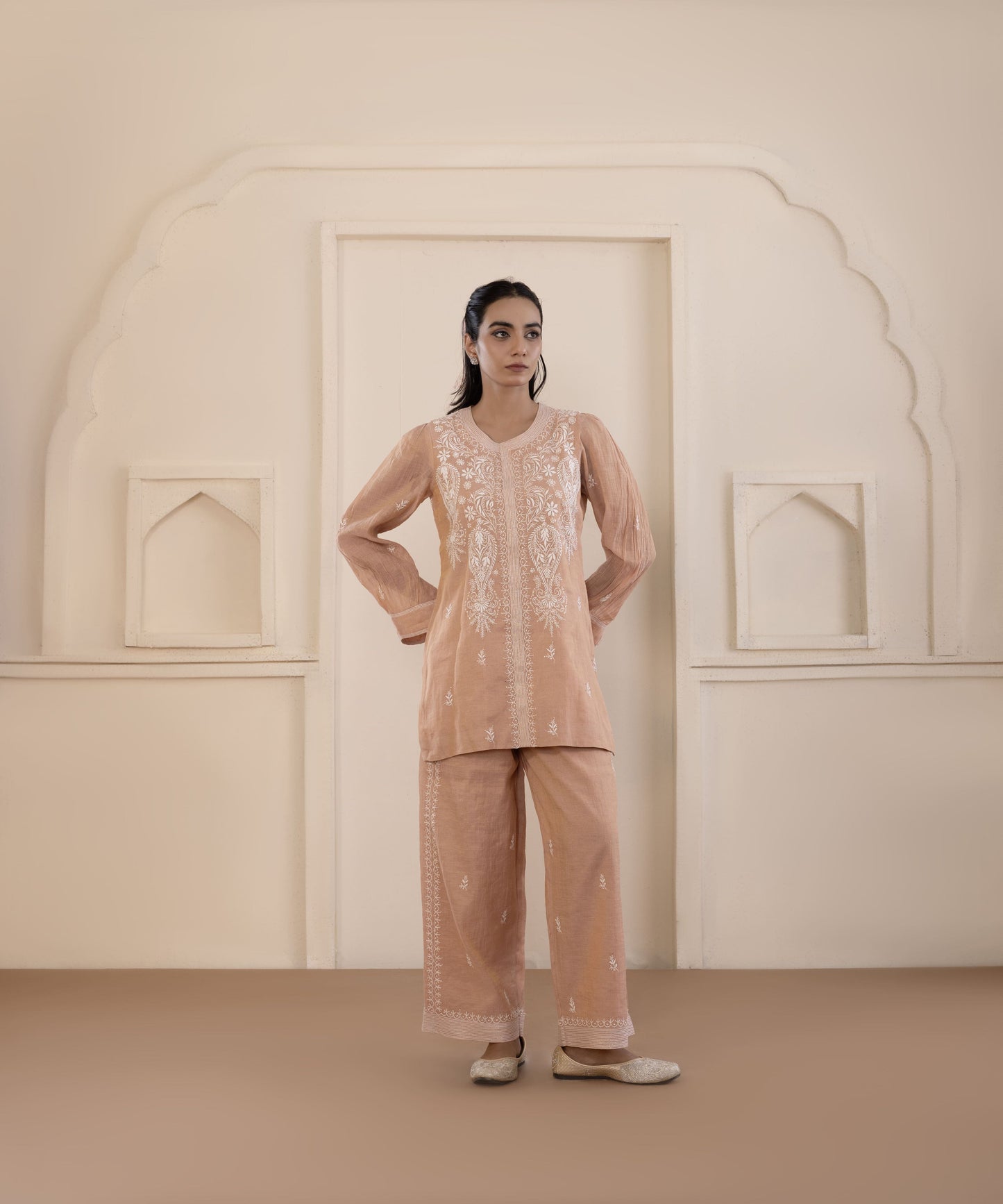Peach Mukaish Tissue Co-ord Set