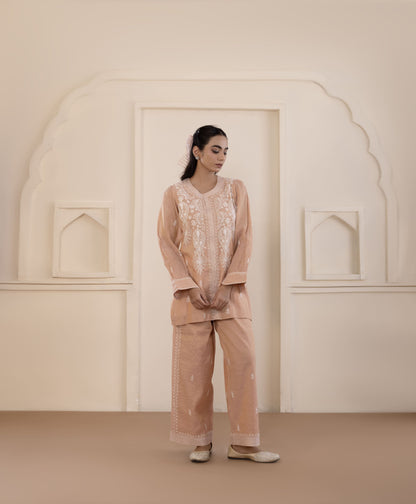 Peach Mukaish Tissue Co-ord Set