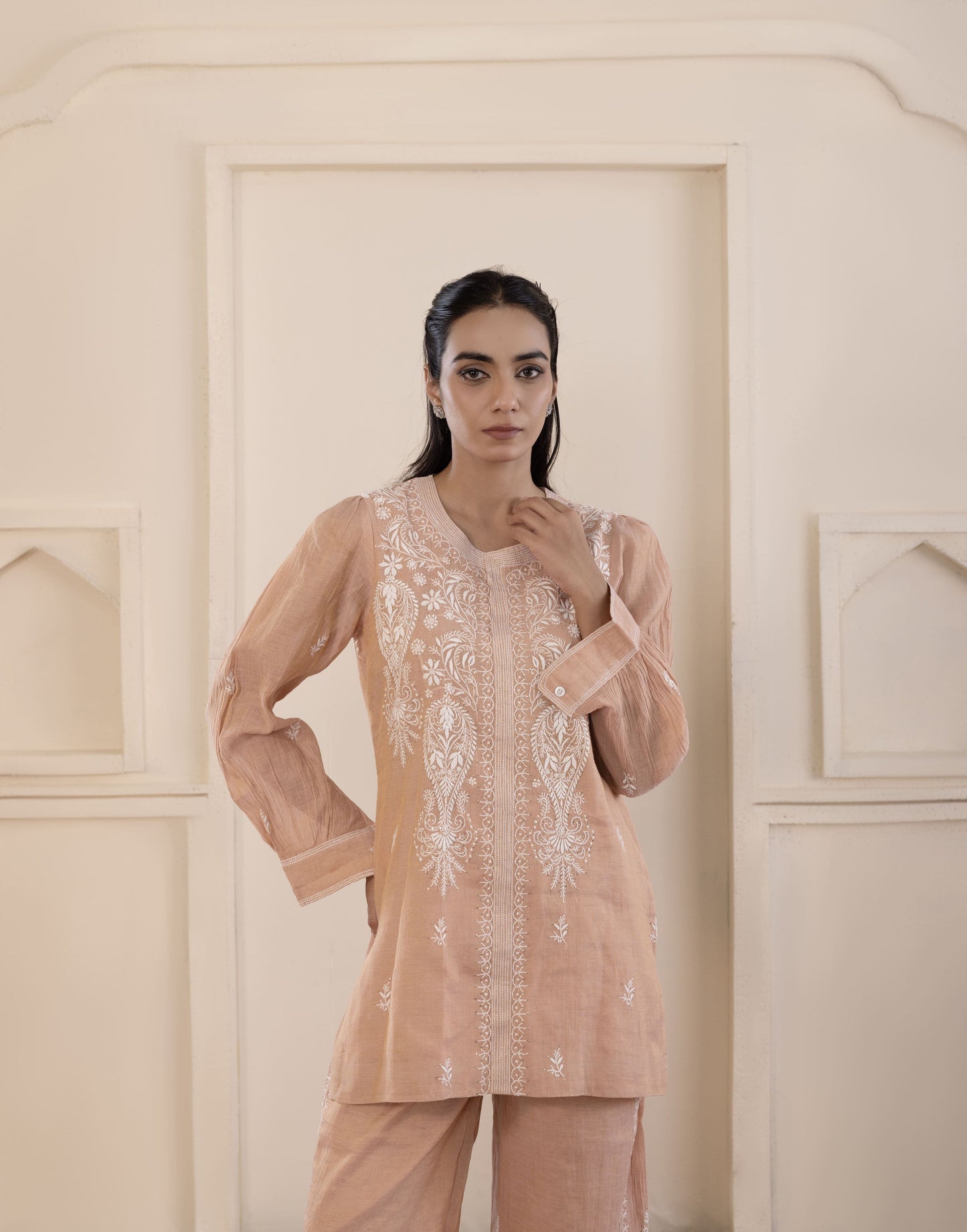 Peach Mukaish Tissue Co-ord Set
