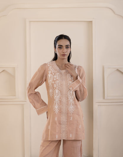Peach Mukaish Tissue Co-ord Set