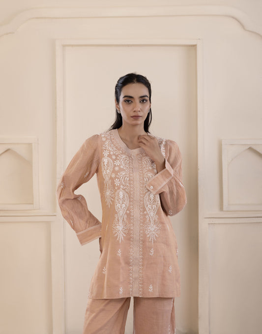 Peach Mukaish Tissue Co-ord Set