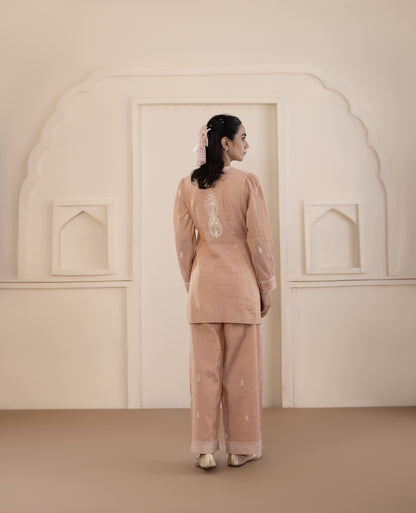 Peach Mukaish Tissue Co-ord Set