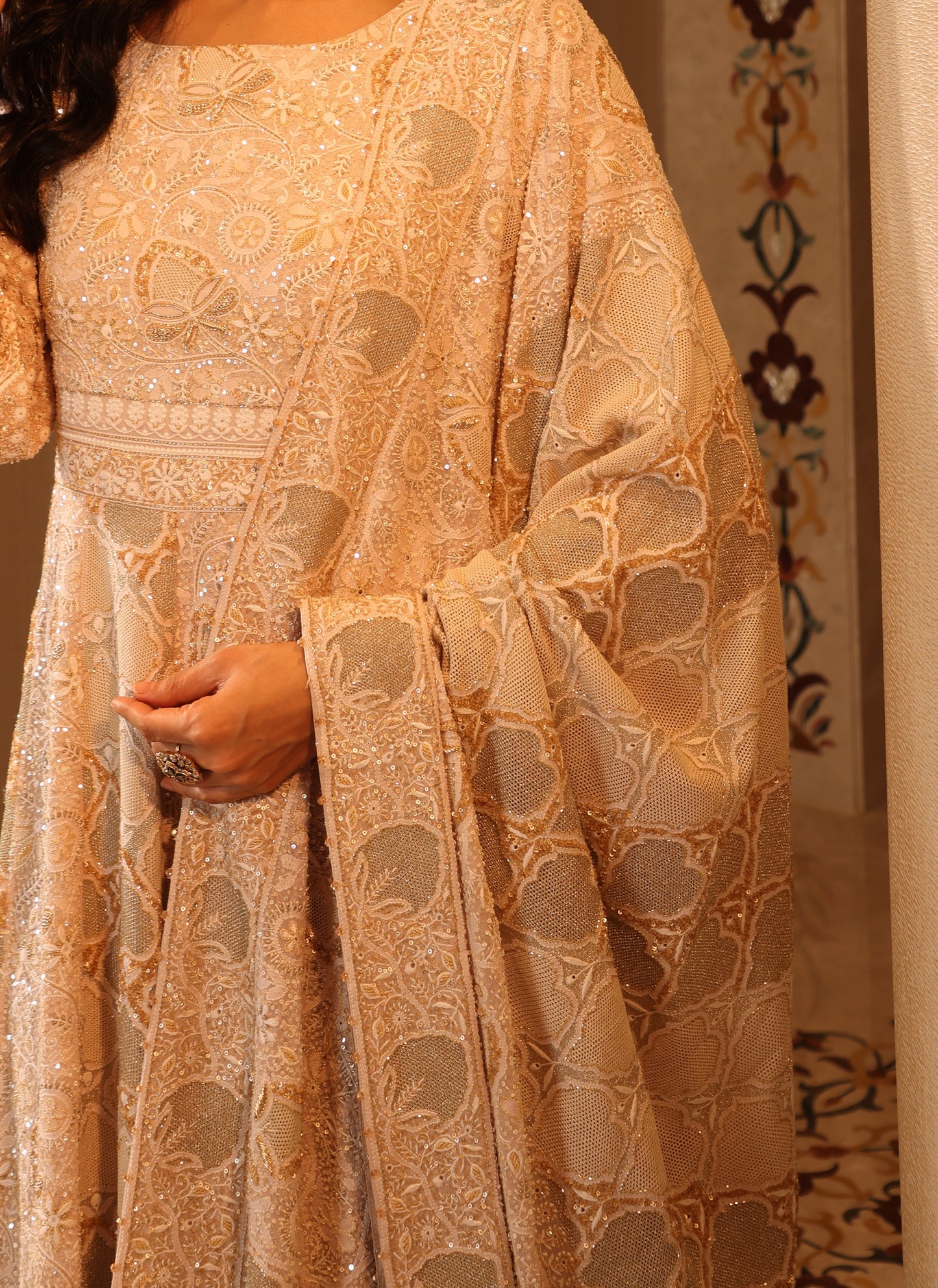 Ivory Anarkali with Kasab Jaali Set