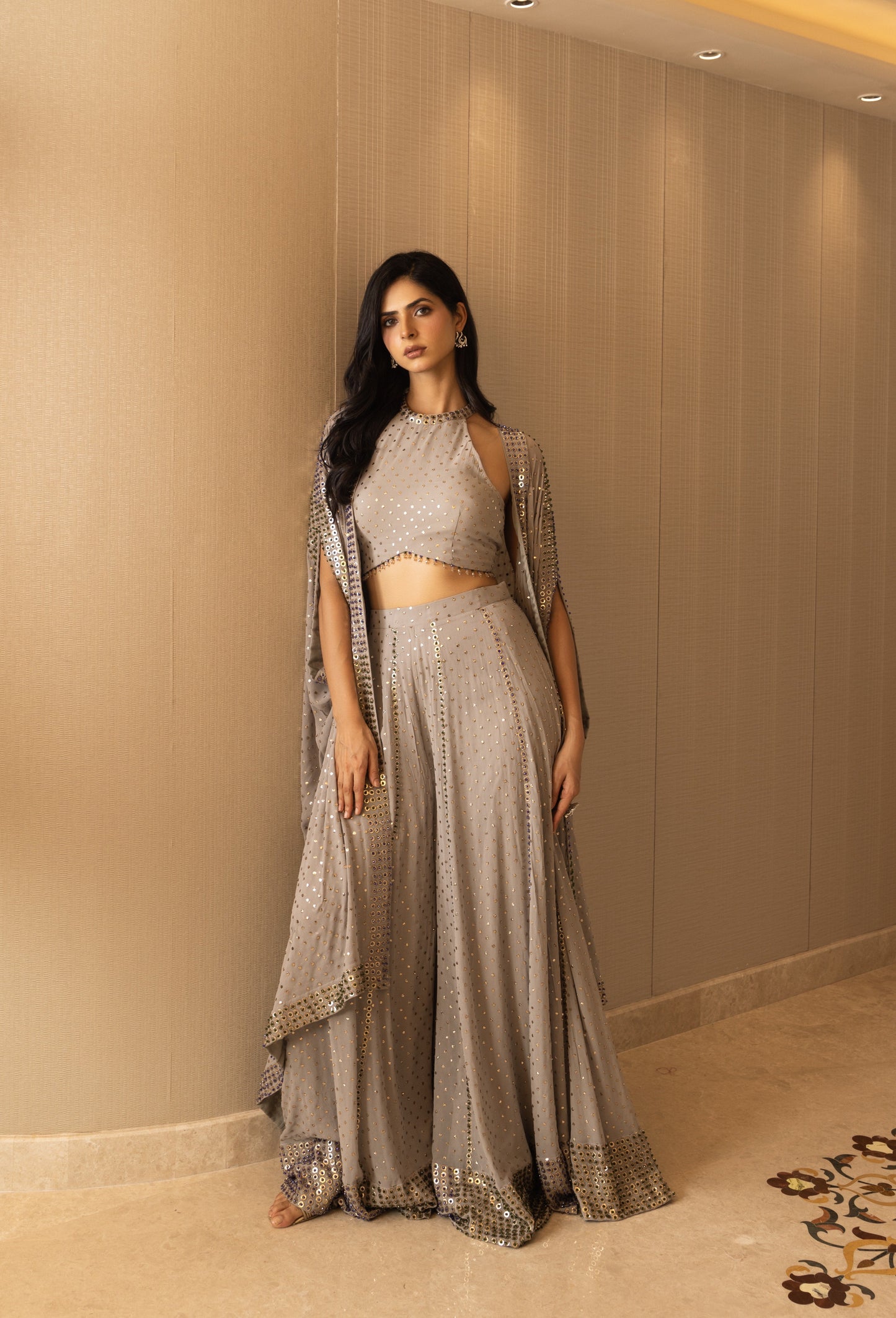 Grey Mukaish Cape & Sharara Set
