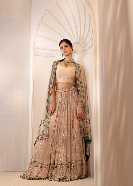 Champagne Mukaish Lehenga with Emerald Accents