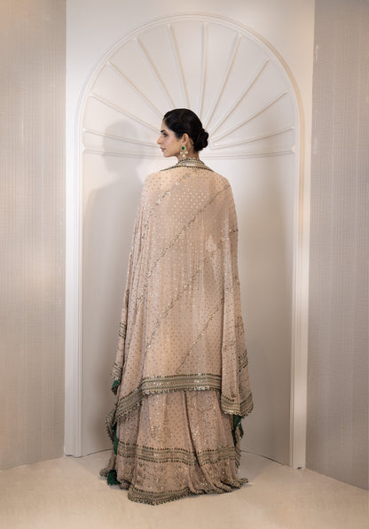 Champagne Mukaish Lehenga with Emerald Accents
