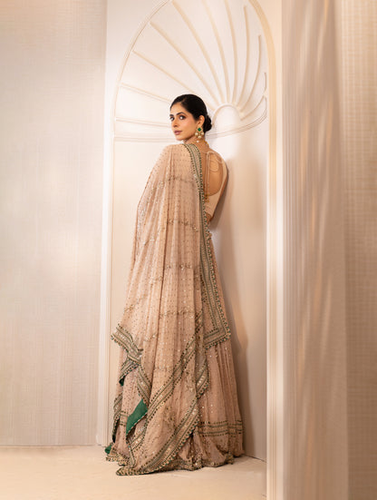 Champagne Mukaish Lehenga with Emerald Accents
