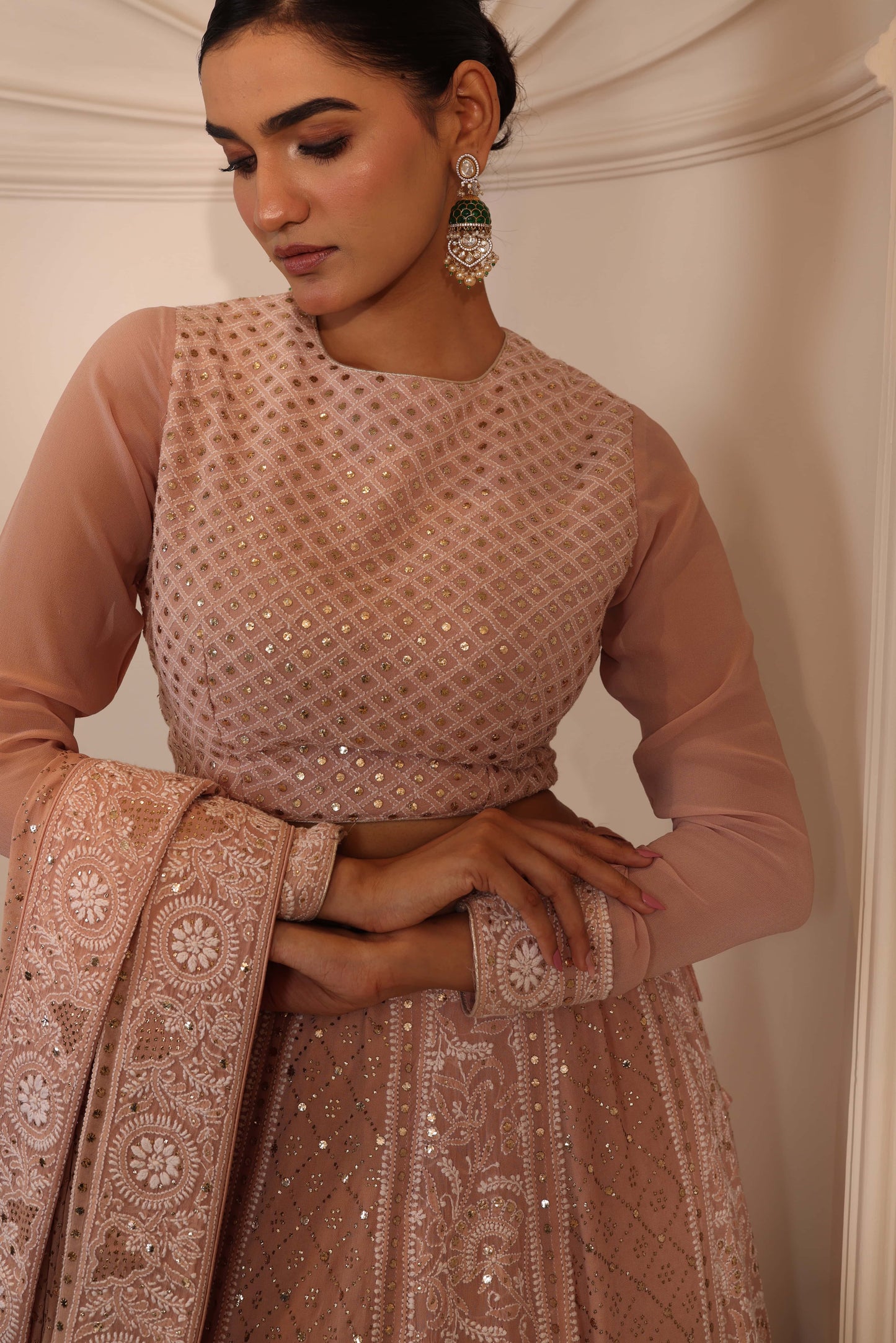 Blush Champagne Mukaish Lehenga