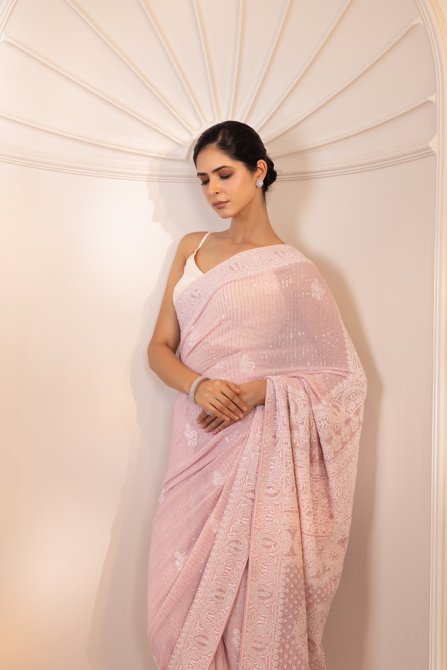 Blush Pink Sequinned Georgette Saree