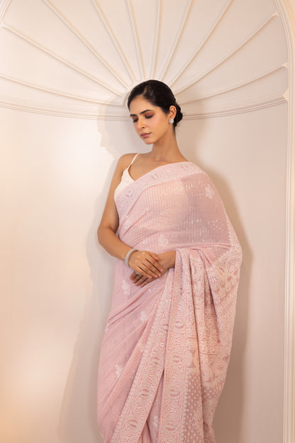 Blush Pink Sequinned Georgette Saree