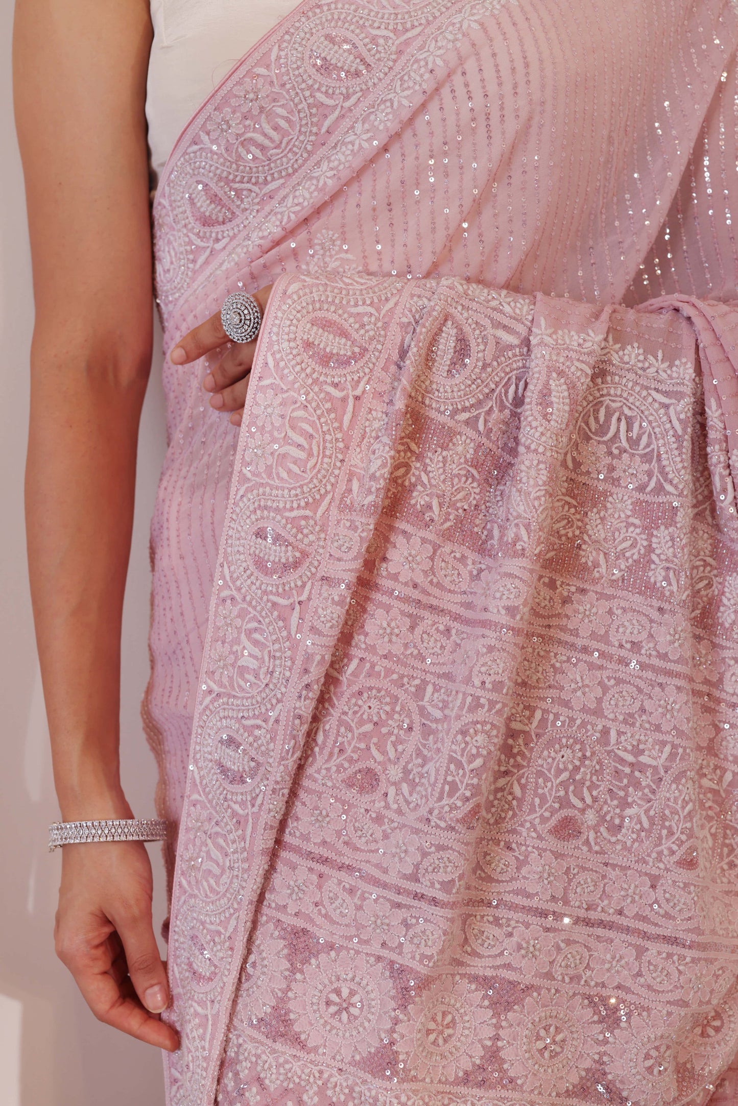 Blush Pink Sequinned Georgette Saree