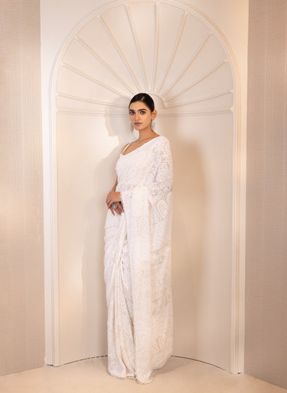 White Rose Chikankari Saree