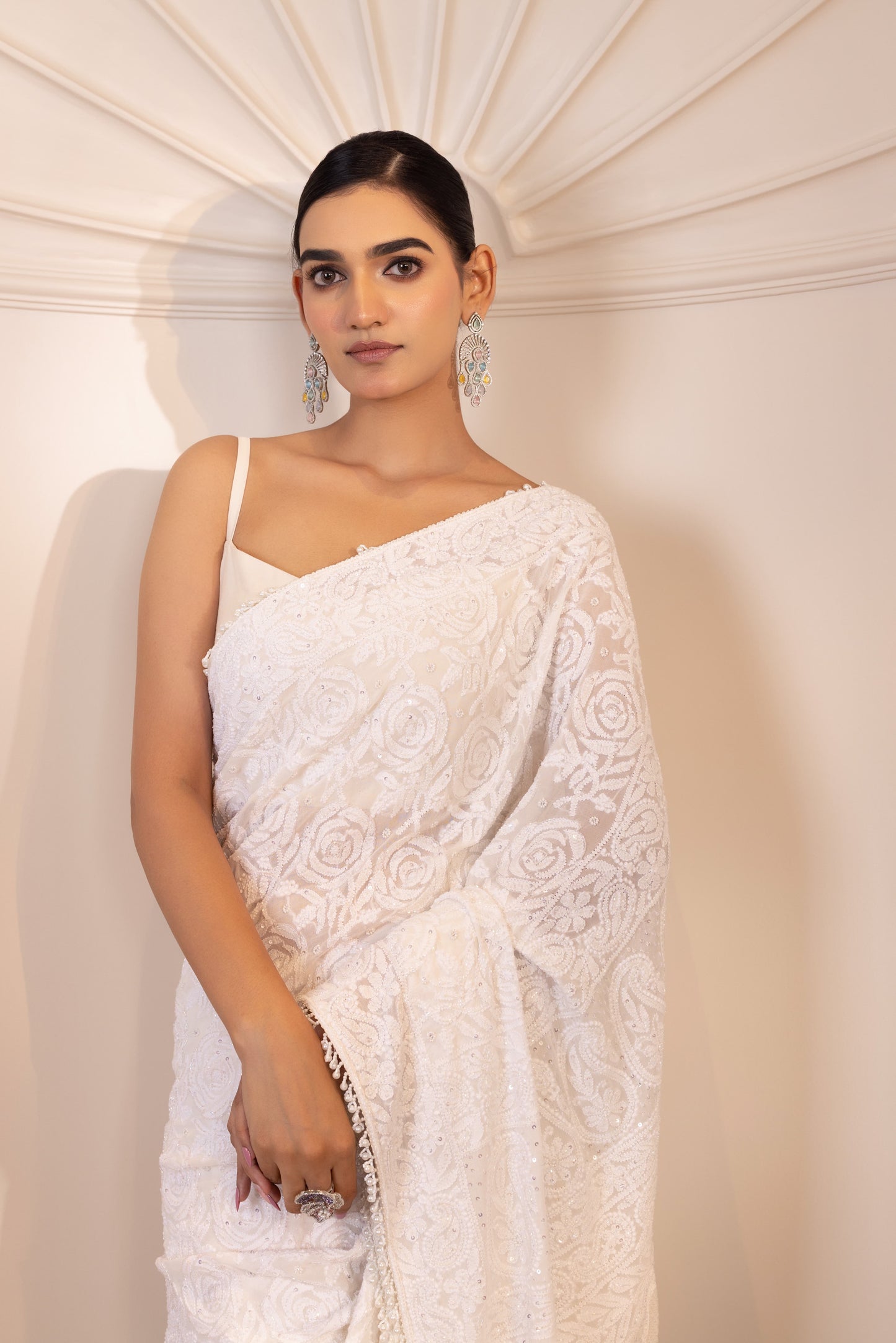 White Rose Chikankari Saree